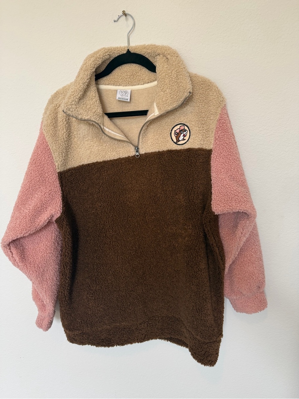 Buc-ees Sherpa Quarter-Zip Pullover - Cream, Brown & Pink